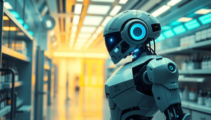 Fototapeta premium A Futuristic Robot Standing in a High-Tech Laboratory