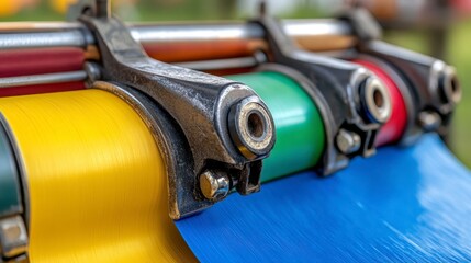 Obraz premium Close up view of a printing press mechanism with vibrant yellow, green, and red ink rollers, and a blue sheet of material passing through. The