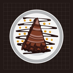 Chocolate Indulgence: A decadent slice of layered chocolate cake, adorned with a drizzle of chocolate sauce and golden spheres, sits invitingly on a white plate against a dark background