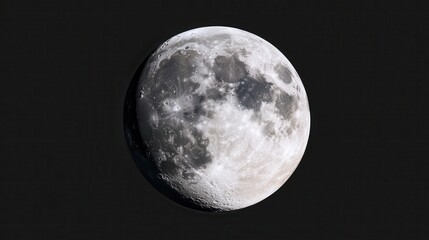Obraz premium Close up view of a waxing crescent moon against a dark background. The moon's surface is detailed, showing craters and shadows. The image is stark