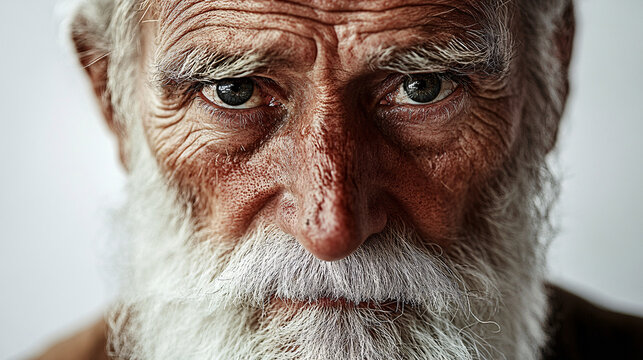 close up portrait of senior man with white beard and wrinkled skin looking at camera