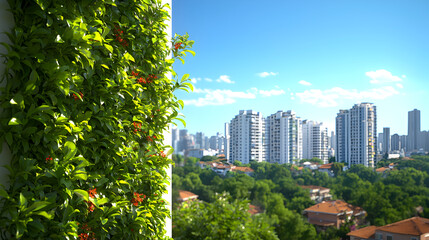 Fototapeta premium Urban Greenery: Green Wall and City Skyline