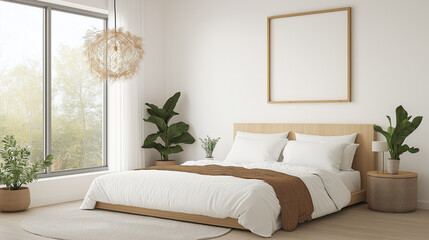Modern Minimalist Bedroom Interior: A serene and inviting minimalist bedroom features a plush white bed with a brown throw, flanked by potted plants, a stylish rattan pendant lamp.