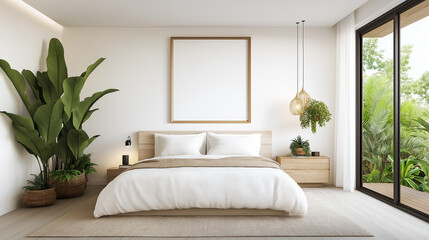 Modern Minimalist Bedroom Interior Design: A serene and stylish bedroom features a minimalist design with a light wood bed frame, white bedding, large potted plants, and a blank canvas for artwork.