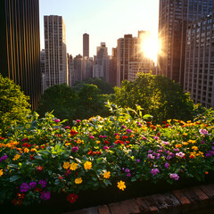Urban Rooftop Garden at Sunrise with Colorful Flowers