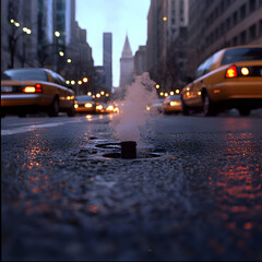 Urban Night Street Scene With Steam Rising From Manhole
