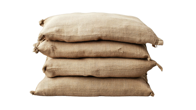 stack of brown burlap sacks isolated on black background