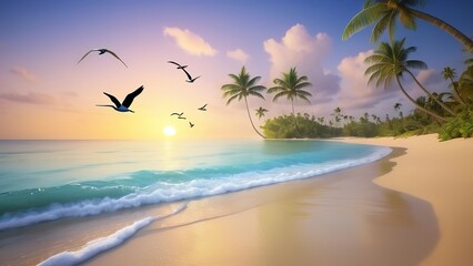 a view of the ocean from the beach at sunset with birds flying over the water