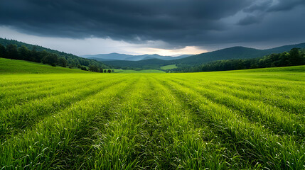Vast Green Field Under a Dramatic Stormy Sky