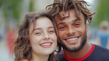 Fototapeta premium Close up portrait of a happy young couple, a man with dreadlocks and a woman with curly hair, smiling brightly against a blurred city background