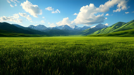 Fototapeta premium Vast Green Field With Mountain Range Under Sunny Sky