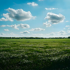 Obraz premium Vast Green Field Under Blue Sky with Fluffy Clouds