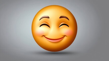 Fototapeta premium A close up of a cheerful yellow graphic with rosy cheeks and a gentle smile, set against a muted gray background. The graphic exudes happiness and