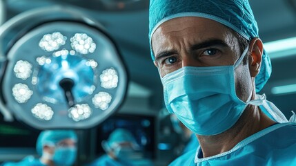 A focused surgeon, wearing a mask and cap, gets ready for surgery in a well-lit operating room. The team surrounds him, ensuring a collaborative effort for patient care