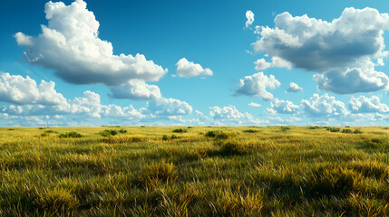Obraz premium Vast Yellow Green Field Under Blue Sky with Fluffy White Clouds