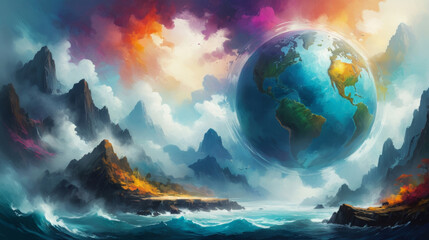 Stunning illustration of Earth amidst dramatic landscapes, highlighting ecology, environmental care, and life's fragility
