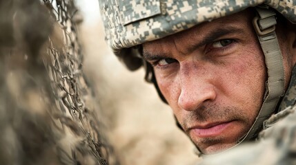Obraz premium A soldier is intensely focused while participating in a training exercise. Wearing camouflage gear, the soldier shows determination amid a rugged outdoor setting