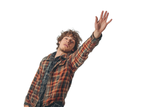 Young man with raised hand, isolated background
