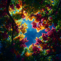Vibrant Canopy of Colorful Leaves Under a Blue Sky