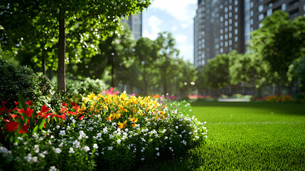 Obraz premium Vibrant City Park with Colorful Flowers and Lush Green Grass