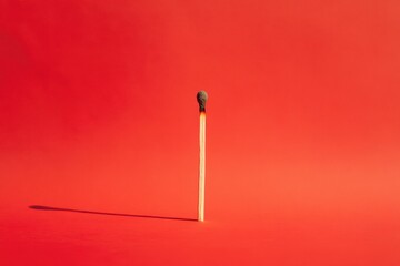 A single burnt matchstick stands upright against a red background