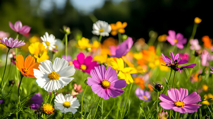 Fototapeta premium Vibrant Cosmos Flowers in a Sunny Field