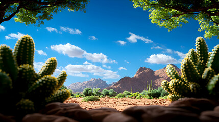 Vibrant Desert Landscape with Cacti and Mountains