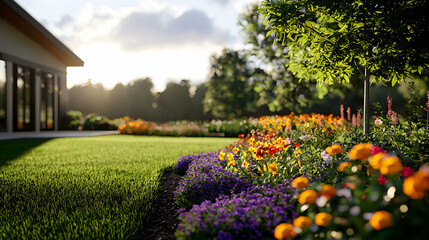 Obraz premium Vibrant Flower Garden at Sunset Near Modern House