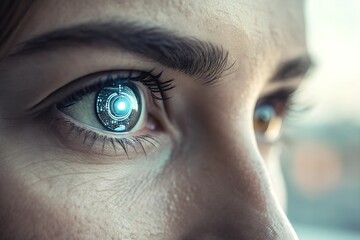 An extreme close-up of a cybernetic eye, with part of the iris and sclera replaced by digital, mechanical elements.