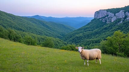 Fototapeta premium A lone sheep stands in a vibrant green field dotted with wildflowers, overlooking a vast valley with lush green hills and distant rocky cliffs under
