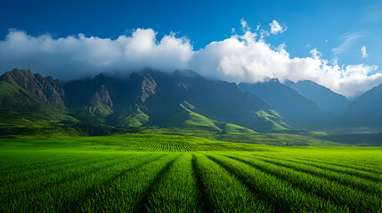 Fototapeta premium Vibrant Green Field Against a Mountain Landscape Under a Blue Sky