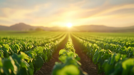 Naklejka premium Vibrant Green Field at Sunset
