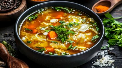 Hearty cabbage soup concept. A vibrant bowl of vegetable soup garnished with fresh herbs, showcasing colorful ingredients in a rich broth.
