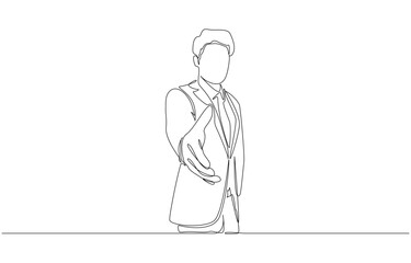 Continuous one line drawing of businessman stretching out hand to welcome new business partner, business greeting, welcoming new company employee concept, single line art
