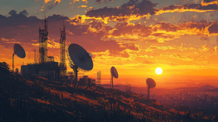 Sunset over city, satellite dishes on hilltop, communication technology