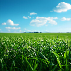 Fototapeta premium Vibrant Green Grass Field Under a Sunny Sky