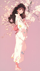 桜舞う春の日｜桜の下で微笑む少女のアニメイラスト。スマートフォン9:16のアスペクト比