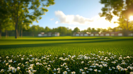 Vibrant Green Grass Field with White Flowers and Houses in the Background at Sunset