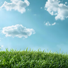 Vibrant Green Grass Under a Blue Sky with Fluffy Clouds