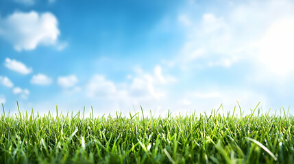 Fototapeta premium Vibrant Green Grass Under a Blue Sky with Fluffy Clouds