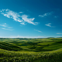 Vibrant Green Hills Under a Bright Blue Summer Sky