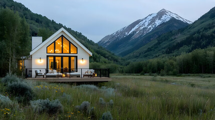 Mountain cabin twilight, valley view, deck, interior lit