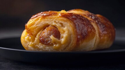 Sausage roll on a black plate, isolated against a dark background. Close-up view. Stock photo contest winner, award-winning photography, high-resolution stock photo, full of details, hyper-realistic 