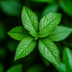 Vibrant Green Leaves with Dew Drops Closeup