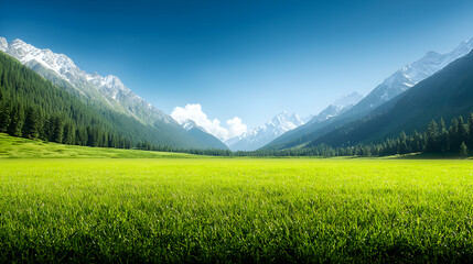 Obraz premium Vibrant Green Meadow Valley Surrounded by Snow Capped Mountains