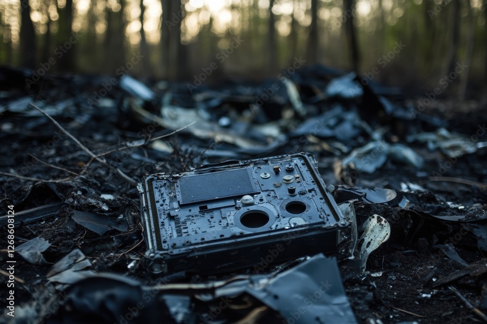 Poster black box recorder found among scattered airplane debris in a forest environment following a tragic 