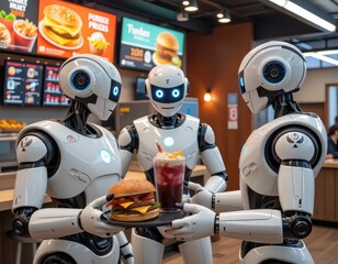 Robots serve gourmet burger and drink in a modern fast food restaurant with vibrant menu displays