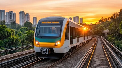 Obraz premium A train travels along tracks at sunset, with tall buildings in the background, showcasing a blend of urban life and nature.