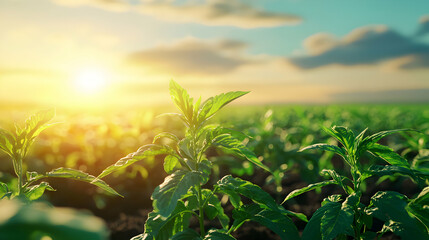 Vibrant Green Plants in a Field at Sunset