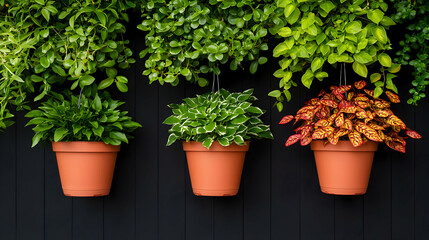 Vibrant Green Plants in Terracotta Pots Against Dark Wood Wall